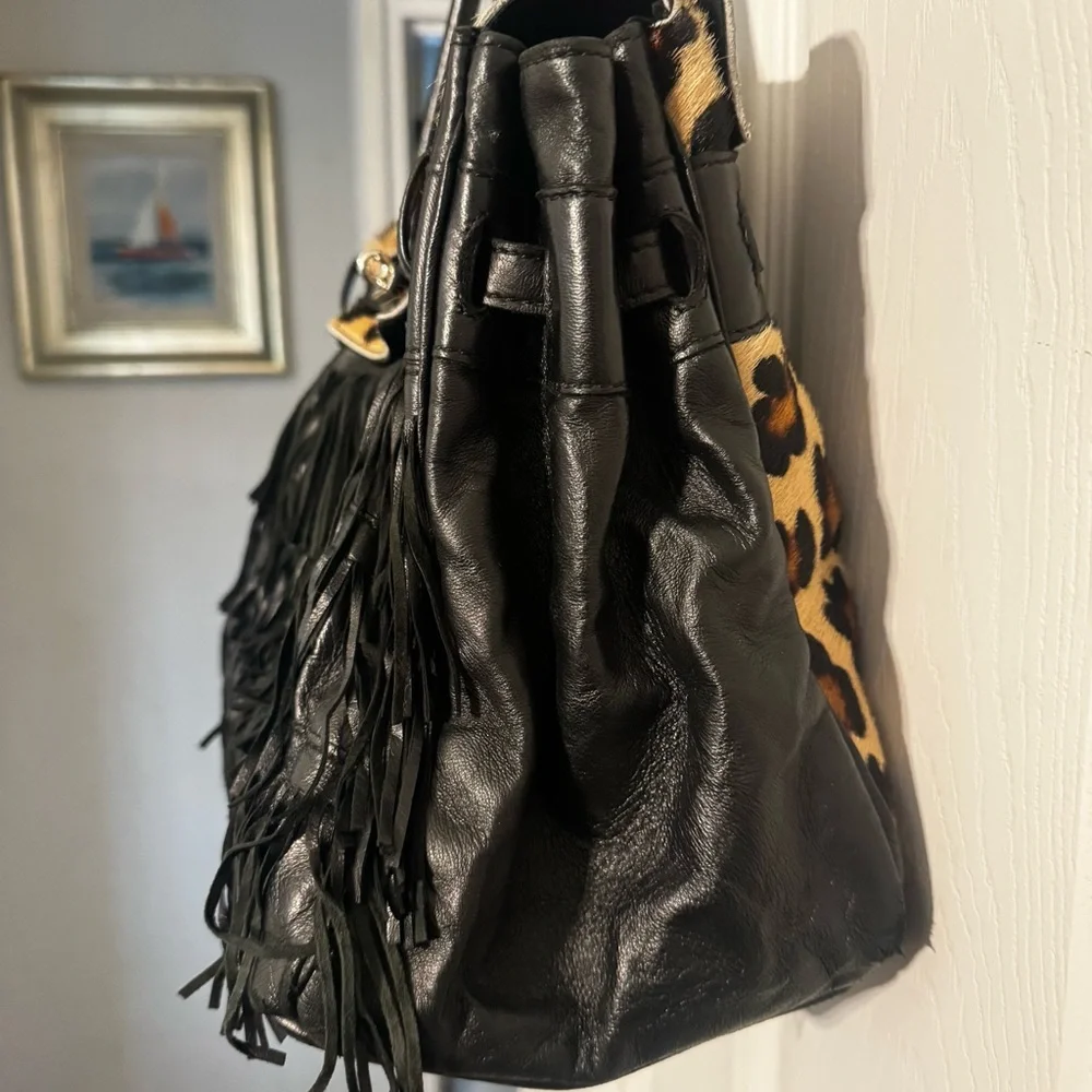 Maximalist Style Larettamia Leopard and Black Fringe Shoulder Bag - Picture 5 of 13